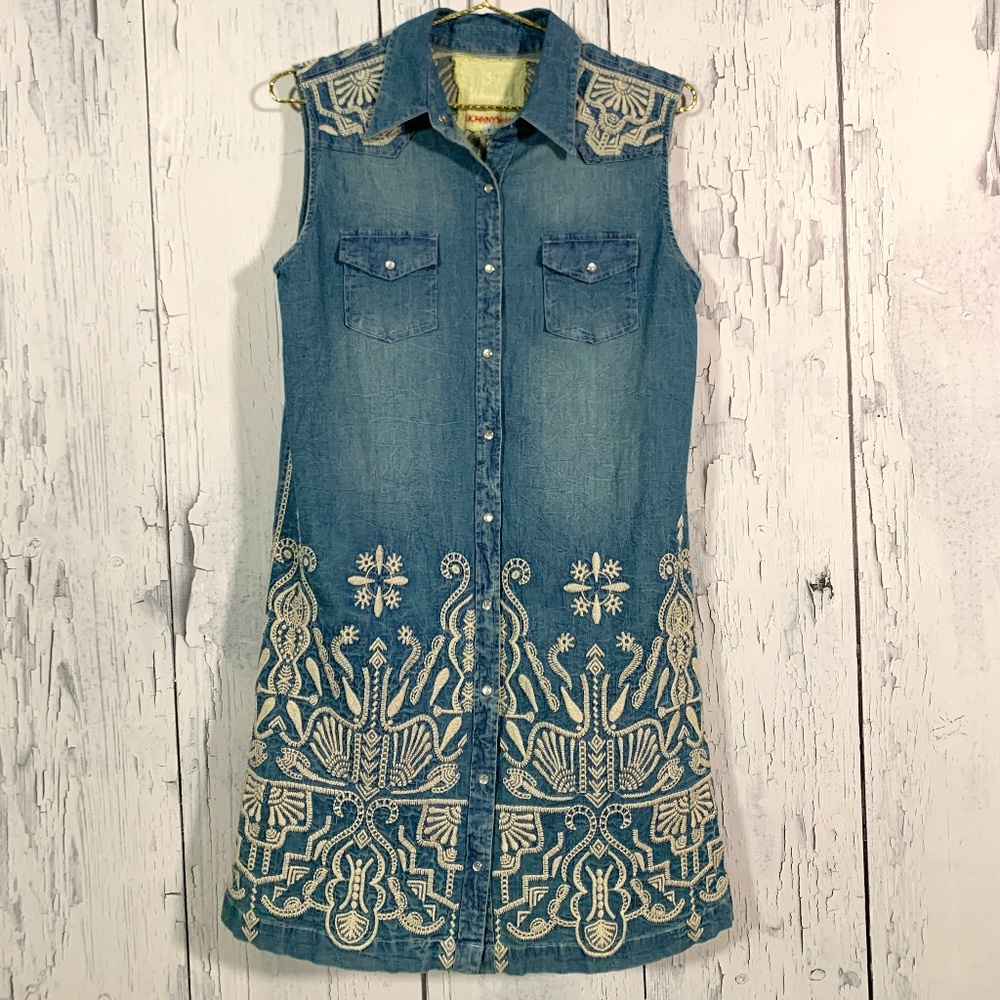 Johnny Was 3J Workshop Sleeveless Denim Embroidered Dress Sz S EUC